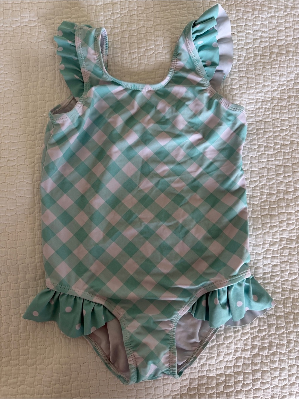 Kids Mint Gingham One-Piece Swimsuit with Ruffle Accents